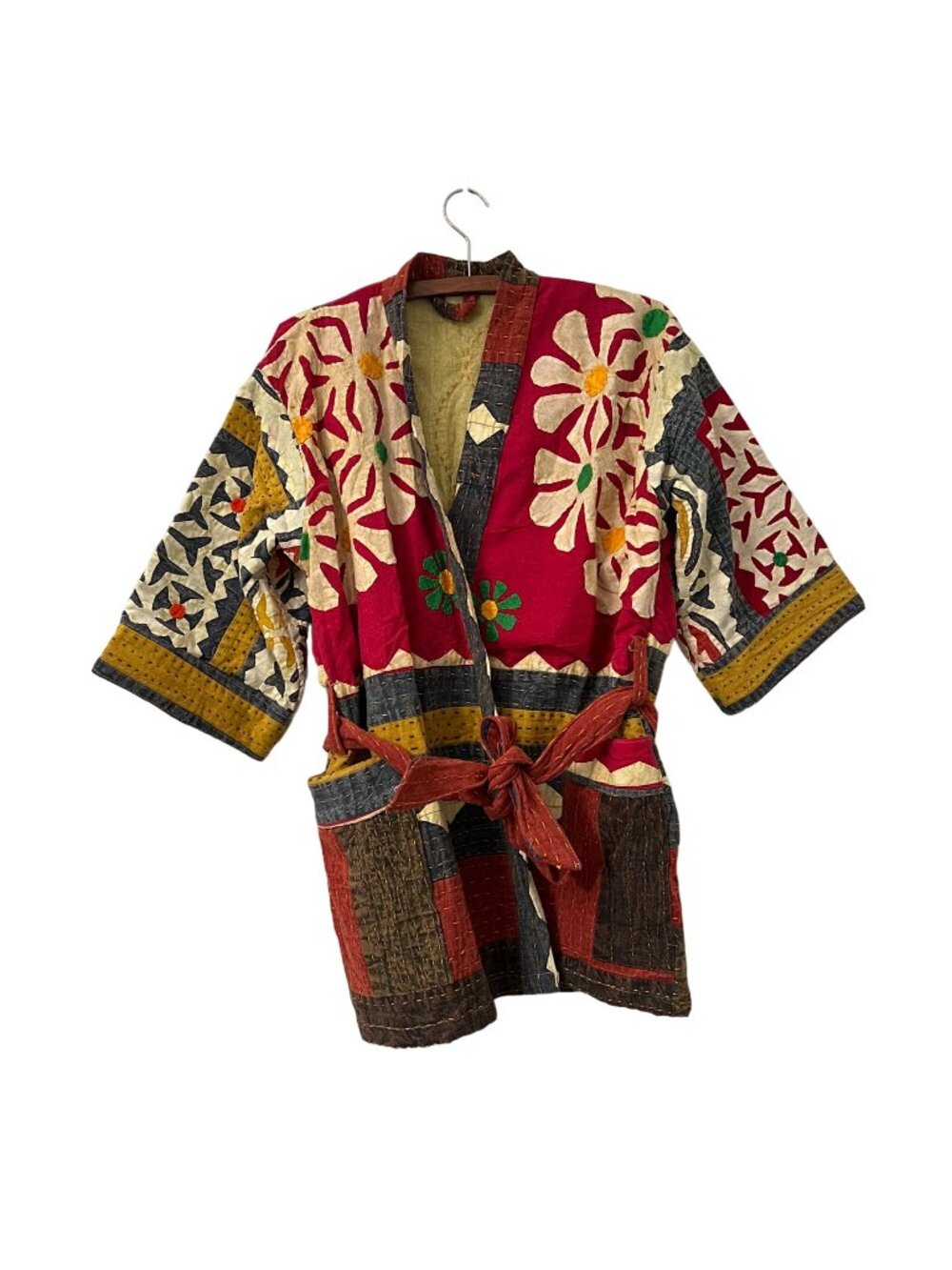 VTG Quilted Patchwork Colorful Handmade Floral Cardigan Sweater Robe Womens M